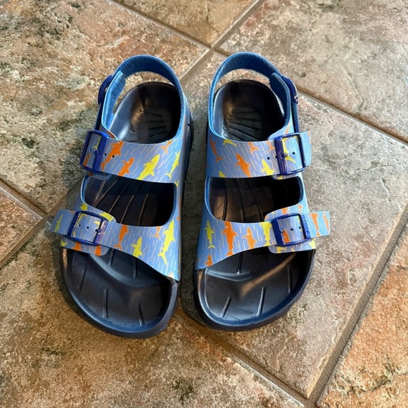 Birkis Blue Sandals with Orange and Yellow Accents size 40 - Picture 2 of 8